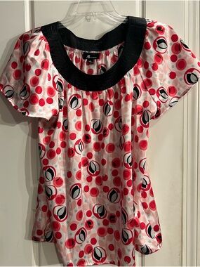 AB Studio Pink and Black Dot Print Blouse with Black Scoop Yoke